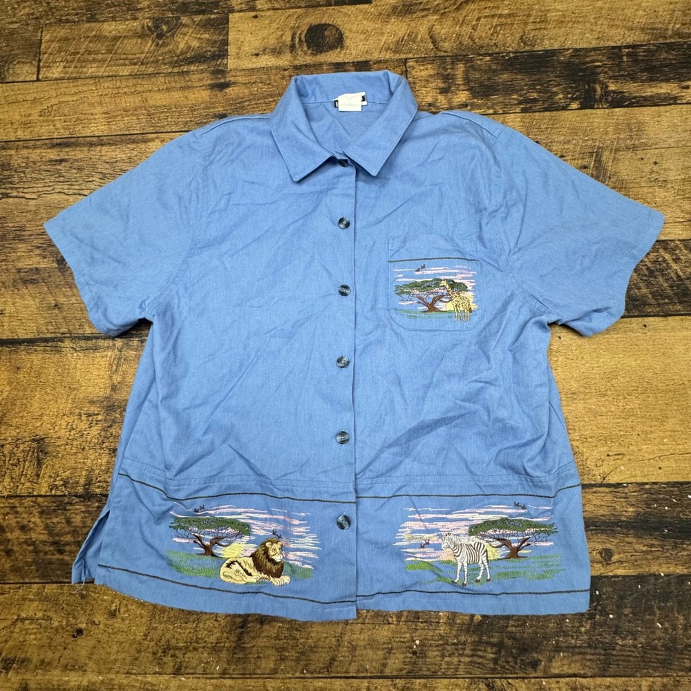 BonWorth Embroidered Safari Button‎ Down Short Sleeve Shirt Blue Size L Safari